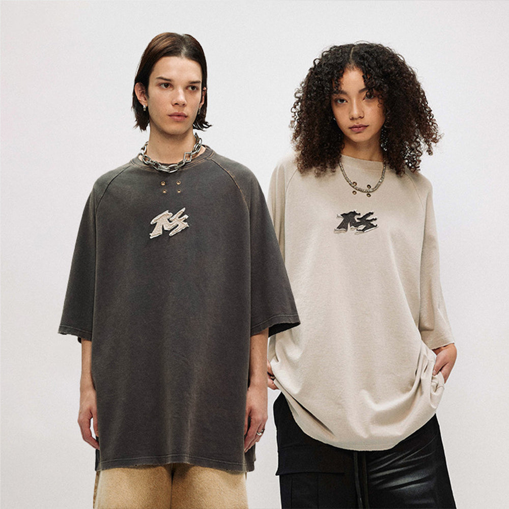 300G Heavyweight Embroidered Logo Aged Short Sleeve T-Shirt
