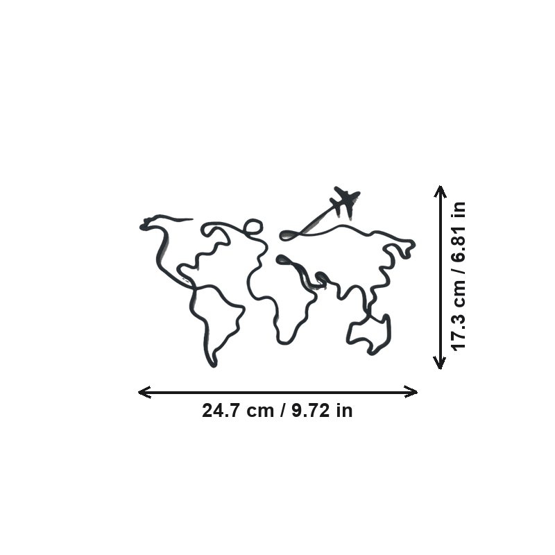 World Map Wall Art Decor, Minimalist Travel Themed Line Art with Airplane for Home