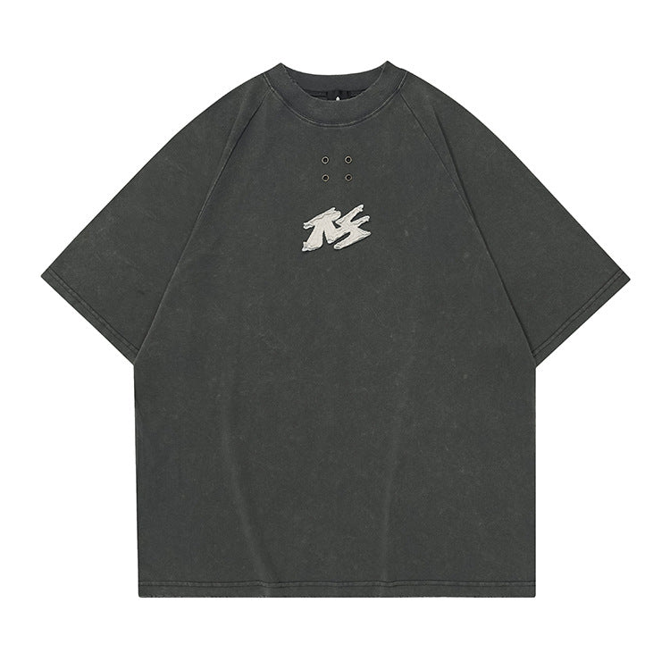 300G Heavyweight Embroidered Logo Aged Short Sleeve T-Shirt