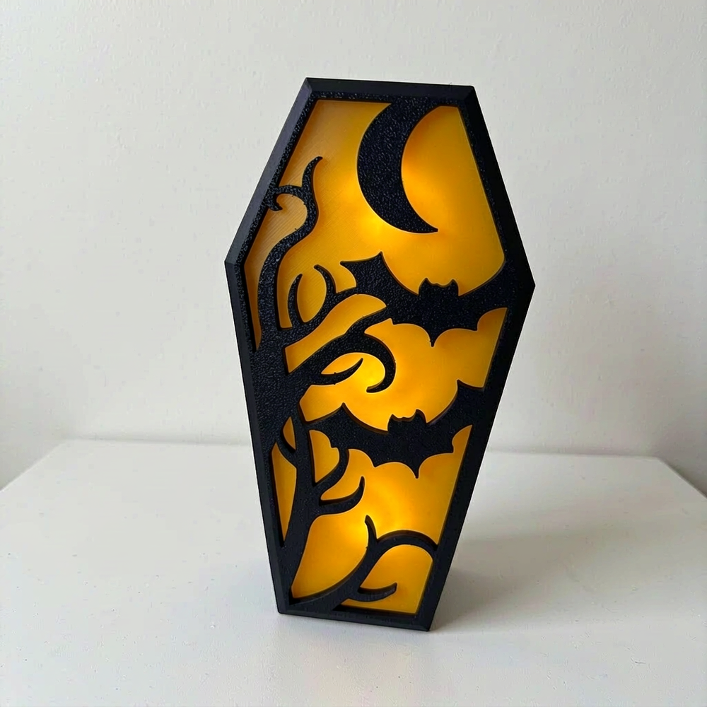 Spooky Gothic Coffin Shaped Storage and Light Holder with Hollow Bat, Crescent Moon and Twisted Tree Design for Holiday Home Display — additional product view