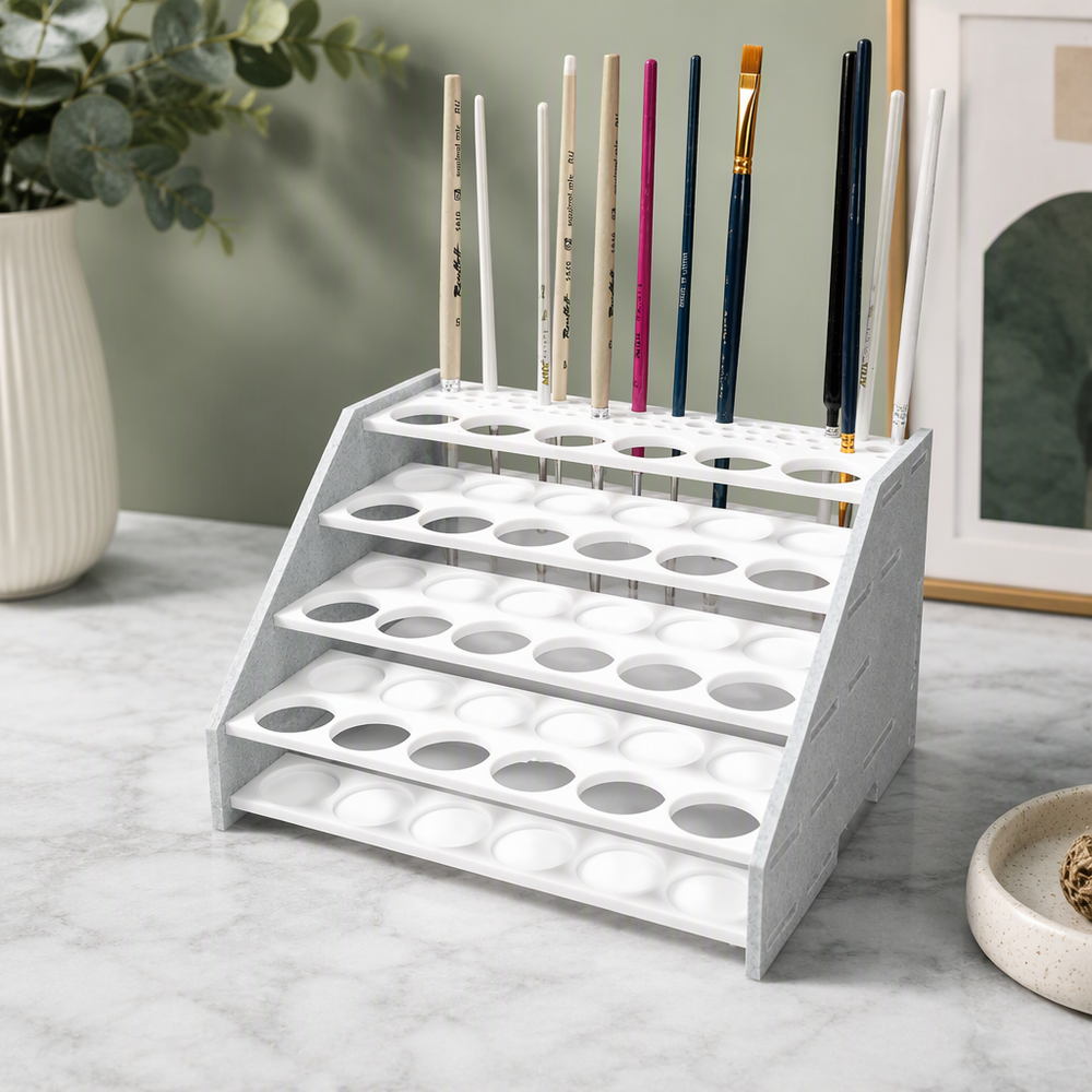 Tiered Craft Paint Storage Rack with Integrated Brush Holder, Desktop Organizer for Paint Bottles and Paintbrushes — main product view