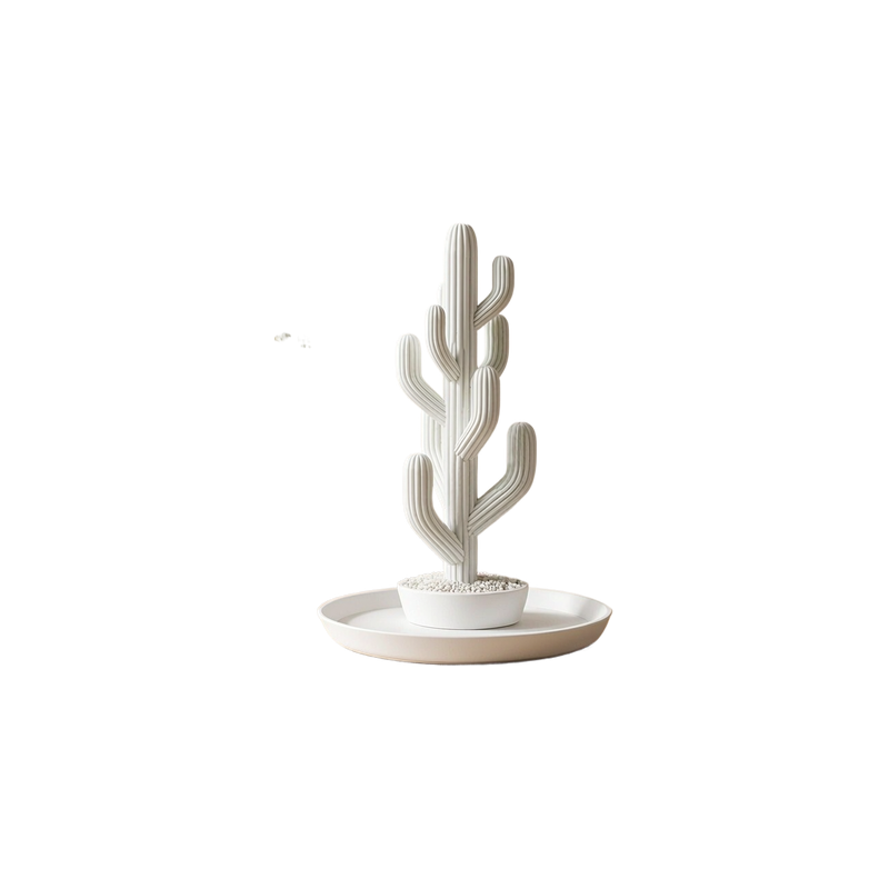 Cactus Shaped Jewelry Holder with Round Tray, Decorative Trinket Organizer for Desk Vanity and Shelf Display — white background