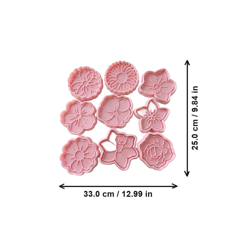 12 Piece Flower Shaped Embossed Cookie Cutters and Stamps Set, Baking Tools for Cookies and Pastries — dimensions