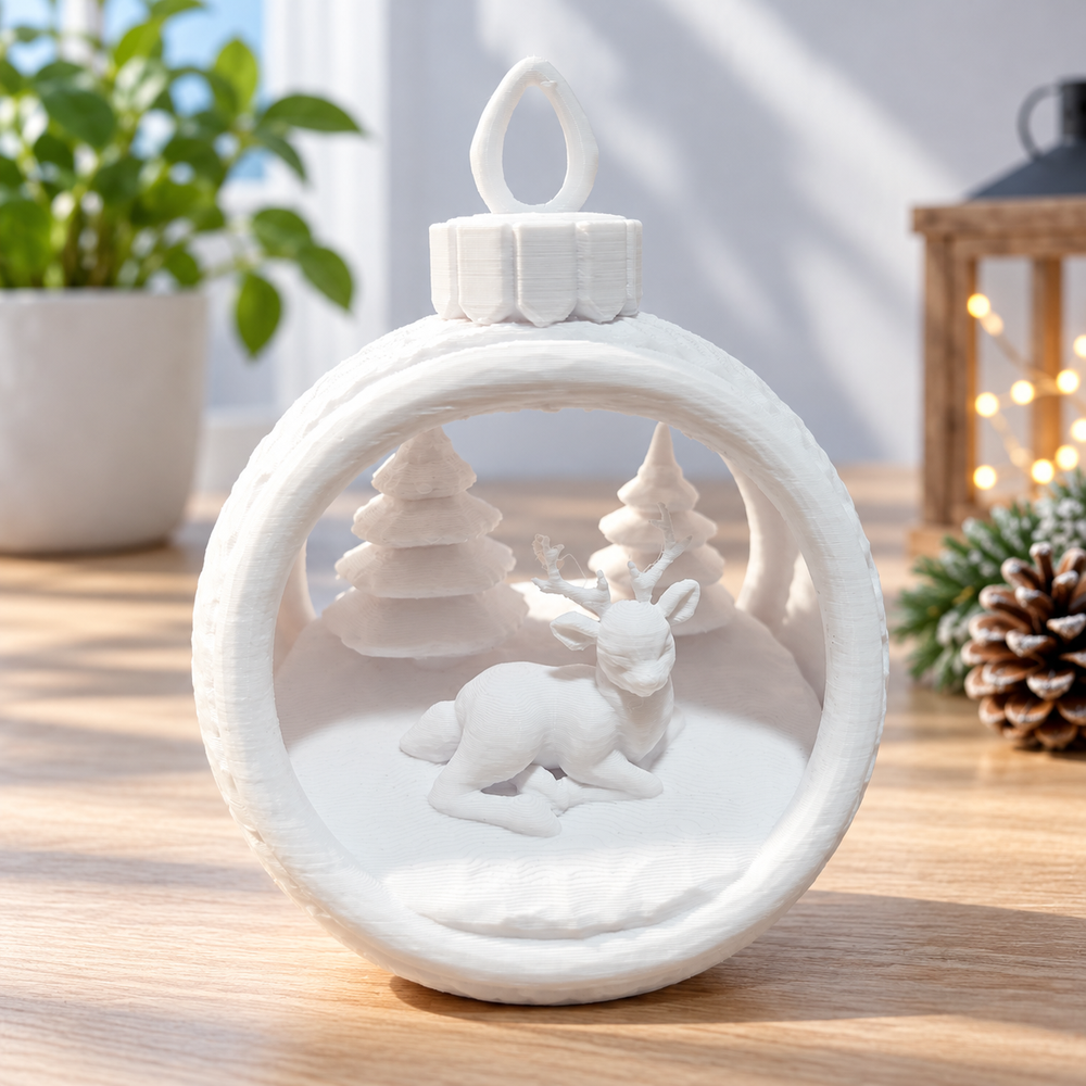 Hollow Round Christmas Hanging Ornament with Reclining Deer and Pine Tree Scene — additional product view