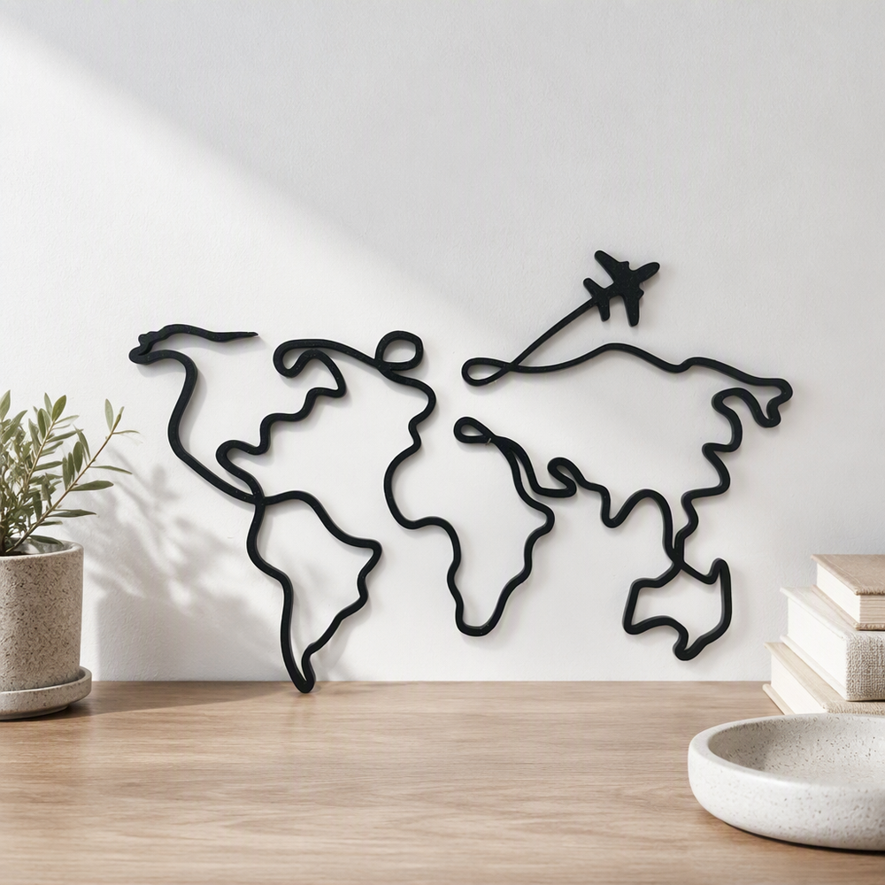 Minimalist Travel Line Art World Map Wall Decor with Airplane Detail — additional product view