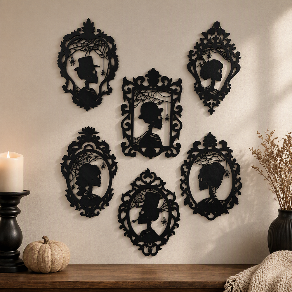 6 Piece Gothic Skeleton Silhouette Wall Decor Set, Spooky Hanging Home Decoration — product scene