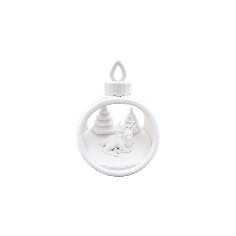 Hollow Round Christmas Hanging Ornament with Reclining Deer and Pine Tree Scene — white background