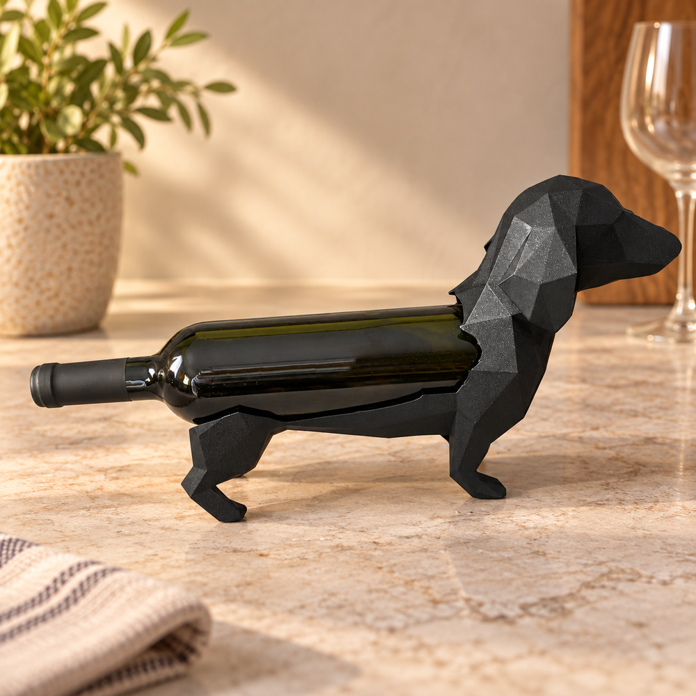 Geometric Dachshund Shaped Wine Bottle Holder, Creative Modern Wine Display Stand for Kitchen, Bar and Shelf Decor — product scene