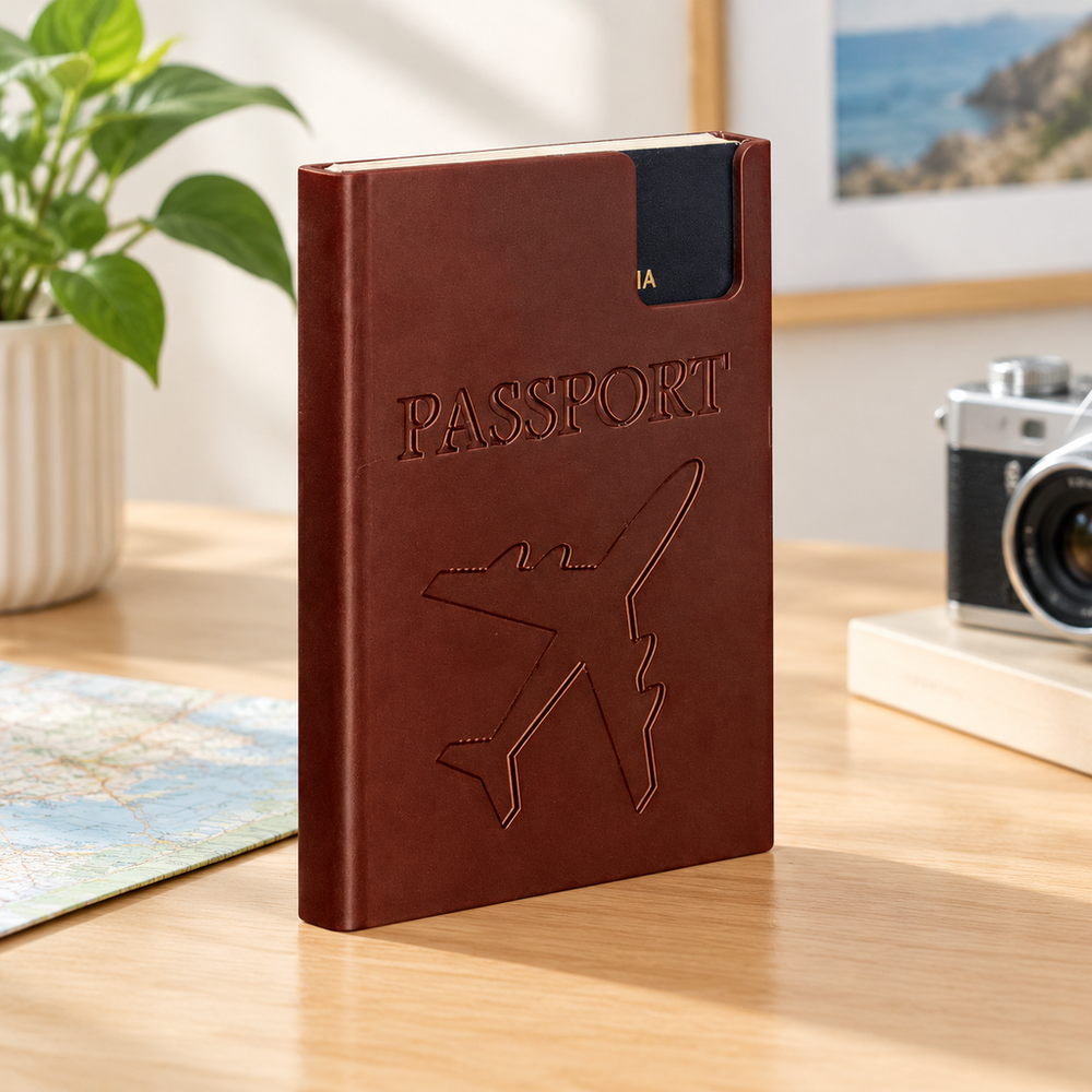 Embossed Passport Holder Travel Accessory with Hanging Tab and Airplane Pattern — main product view