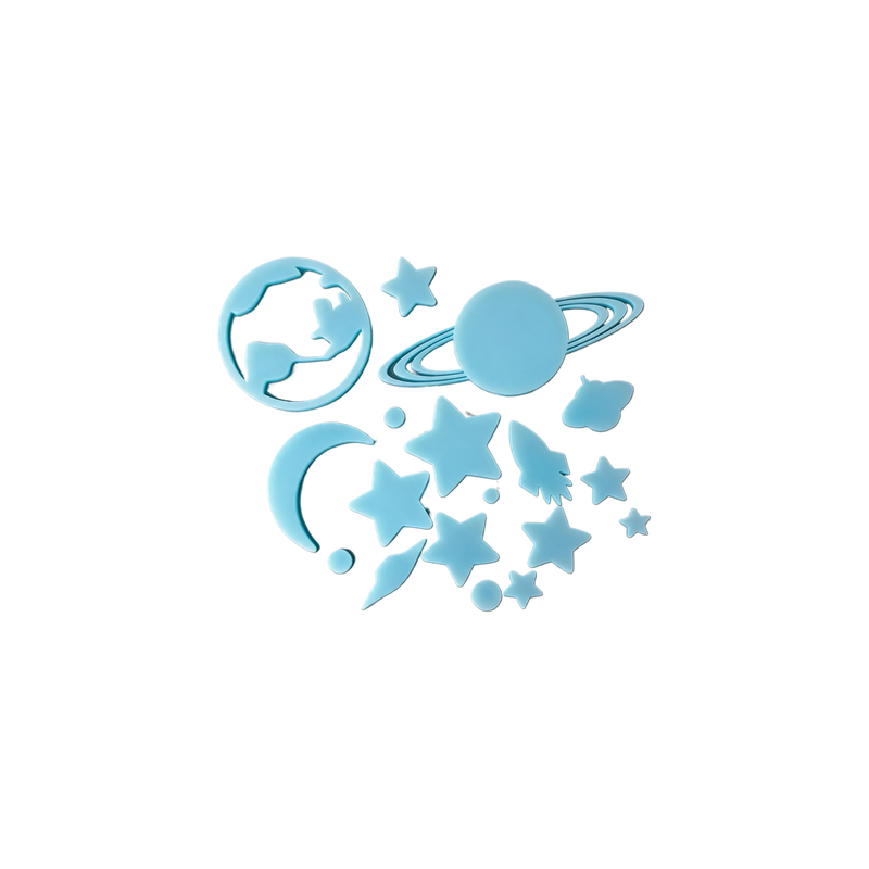 Glow In The Dark Space Themed Wall Decor Set, Ice Blue Planet Star Moon Rocket Motif Decoration