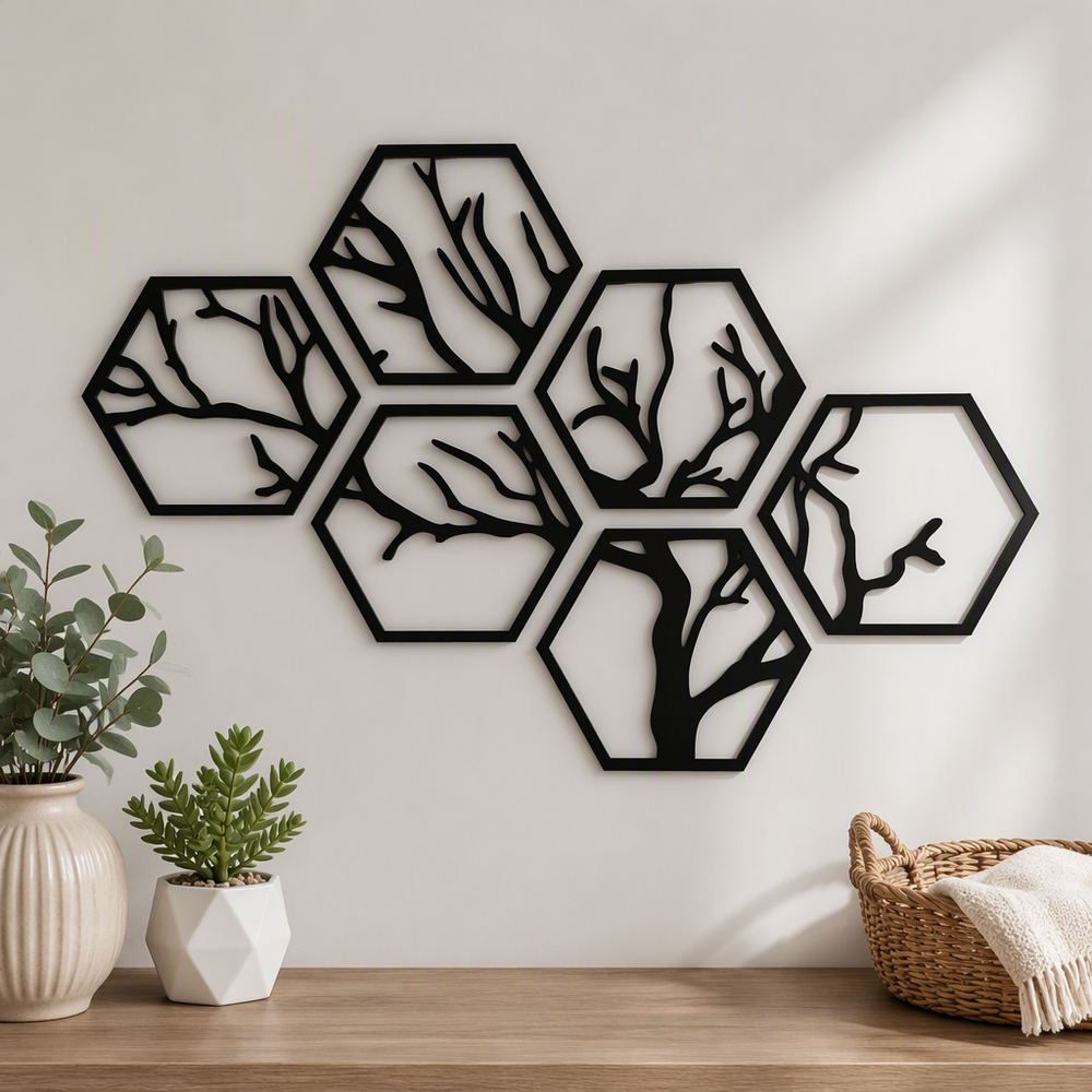 Hexagonal Tree Silhouette Wall Art Set, Geometric Hollow Home Wall Decor — main product view