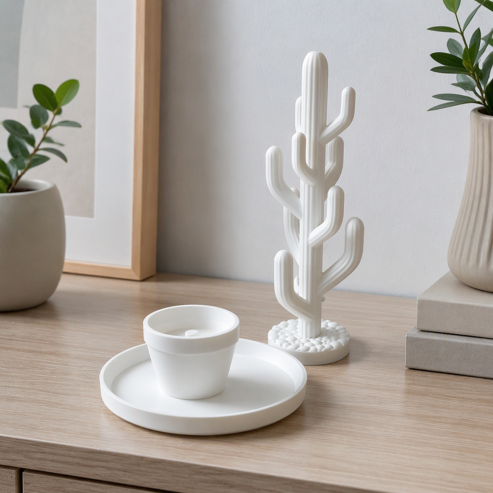 Cactus Shaped Jewelry Holder with Round Tray, Decorative Trinket Organizer for Desk Vanity and Shelf Display — additional product view