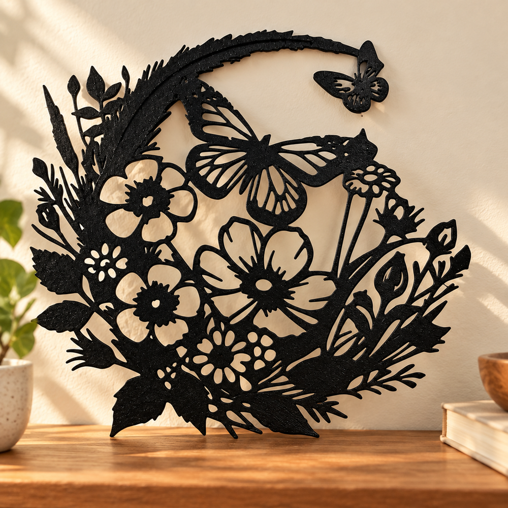 Floral and Butterfly Silhouette Hanging Wall Art Ornament, Nature Inspired Home Decor Piece — product scene