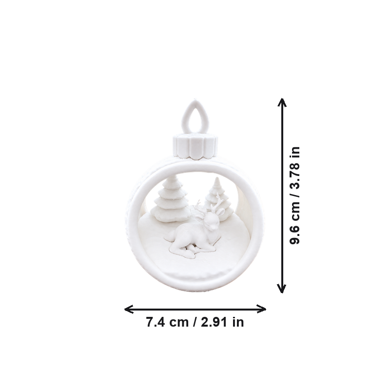 Hollow Round Christmas Hanging Ornament with Reclining Deer and Pine Tree Scene — dimensions