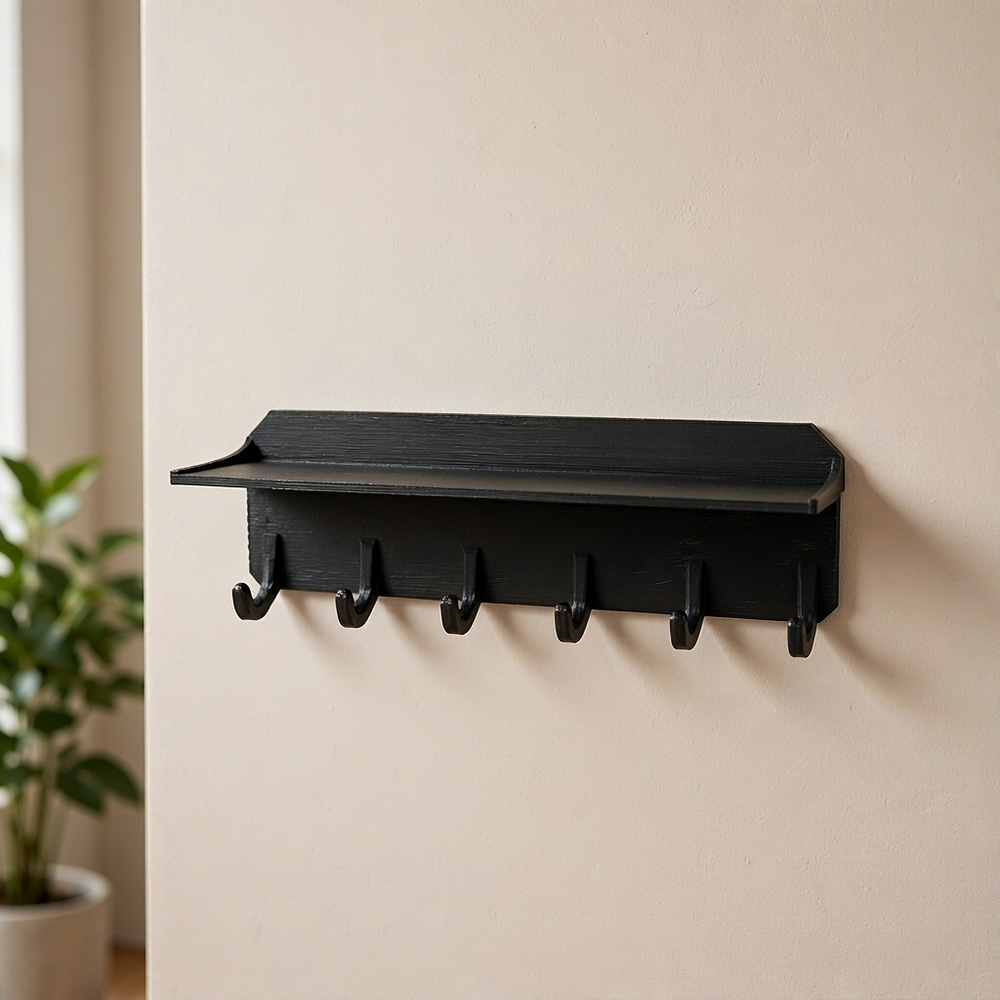 Wall Mounted Adhesive Storage Shelf with 6 Curved Hooks, Home Small Item Organizer Rack — main product view