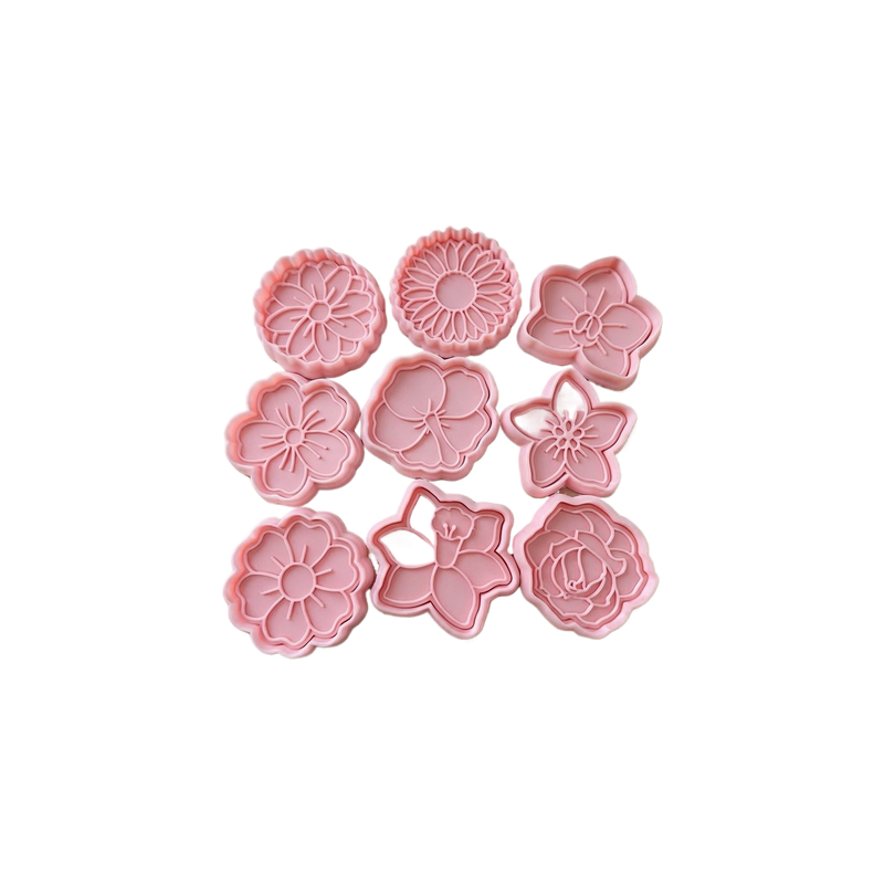 12 Piece Flower Shaped Embossed Cookie Cutters and Stamps Set, Baking Tools for Cookies and Pastries — white background