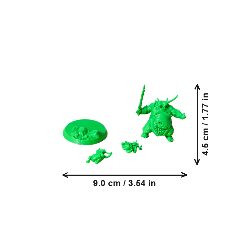 Detailed Unpainted Tabletop Wargame Miniature with Themed Round Display Base and Two Accessory Parts — dimensions