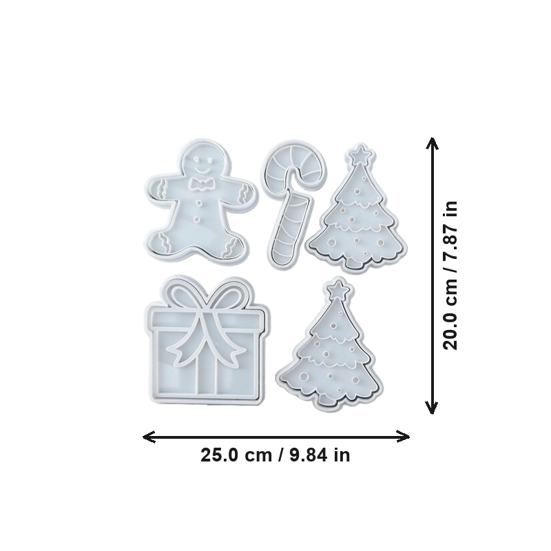 5 Piece Christmas Themed Cookie Cutters and Stamps Set for Festive Holiday Baking Kitchen Supplies — dimensions
