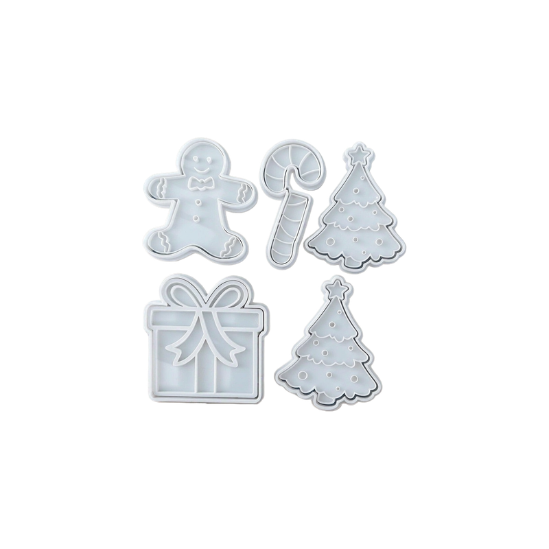 5 Piece Christmas Themed Cookie Cutters and Stamps Set for Festive Holiday Baking Kitchen Supplies — white background