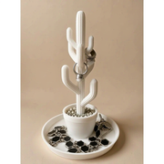 Cactus Shaped Jewelry Holder with Round Tray, Decorative Trinket Organizer for Desk Vanity and Shelf Display — product scene