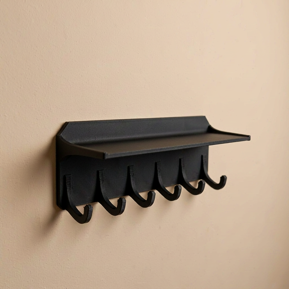 Wall Mounted Adhesive Storage Shelf with 6 Curved Hooks, Home Small Item Organizer Rack — product scene