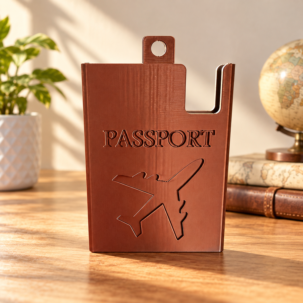 Embossed Passport Holder Travel Accessory with Hanging Tab and Airplane Pattern — product scene
