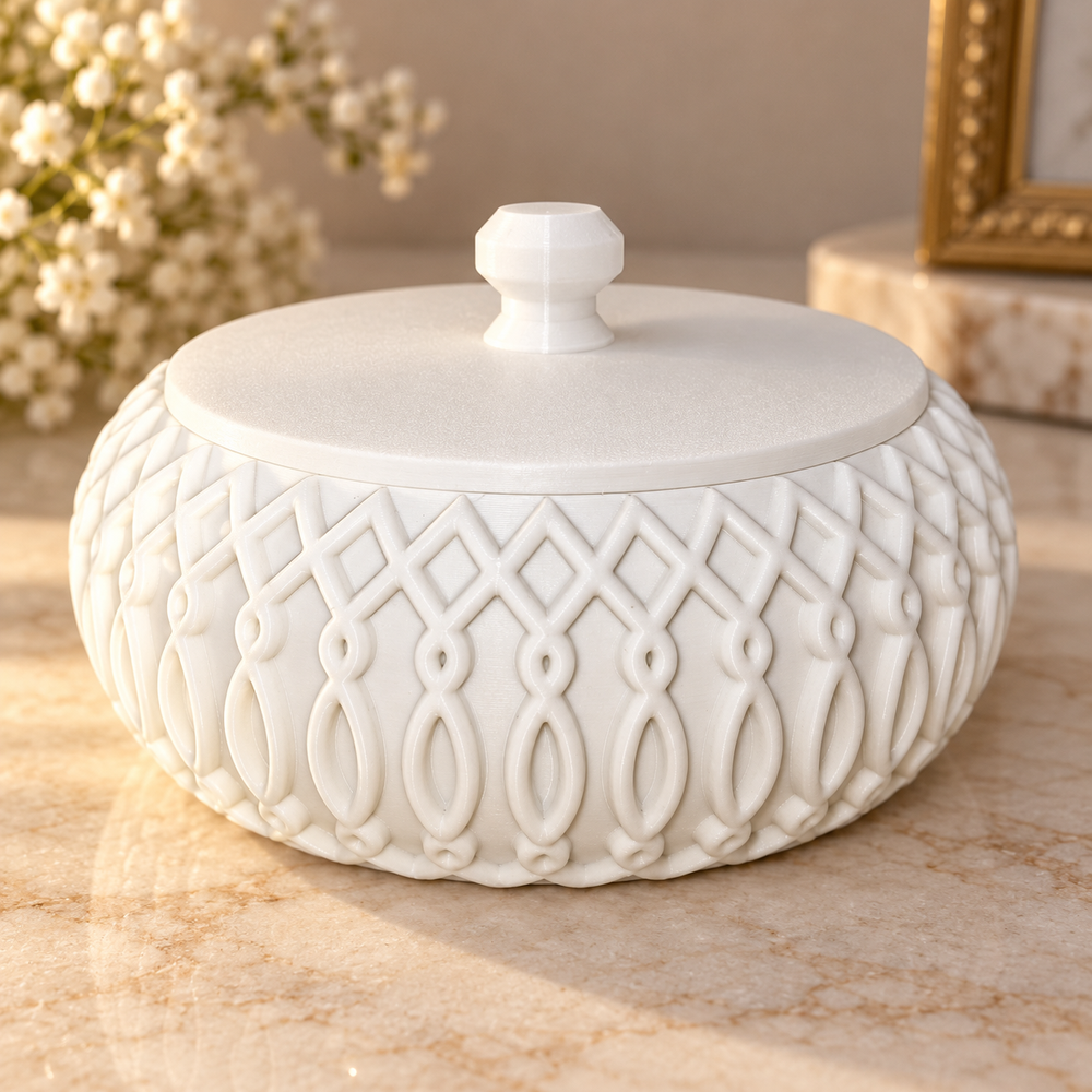 Embossed Lidded Trinket Storage Organizer, Decorative Small Accessory Holder for Vanity and Home Surfaces — product scene