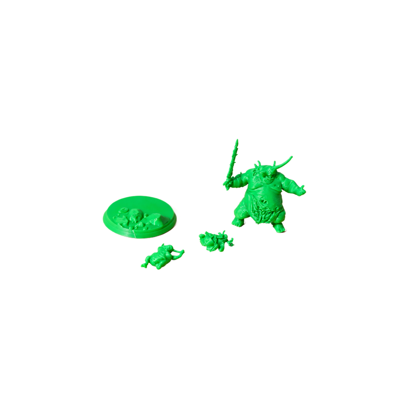 Detailed Unpainted Tabletop Wargame Miniature with Themed Round Display Base and Two Accessory Parts — white background