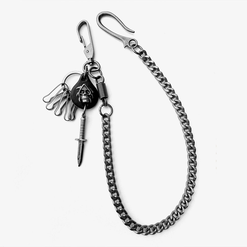 TROUSER CHAIN IN ANTIQUE SILVER - SKULLS DAGGERS PAPER CLIPS