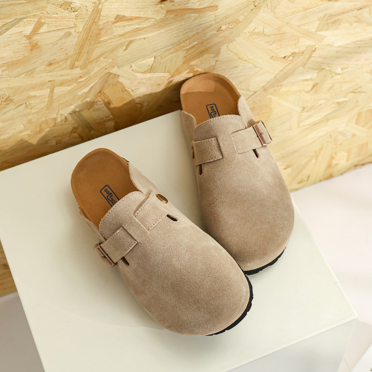 SUEDE FLATS BUCKLE-STRAP FASTENED MULES