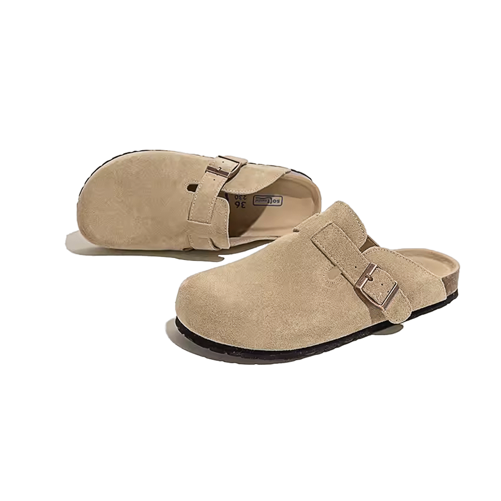 SUEDE FLATS BUCKLE-STRAP FASTENED MULES