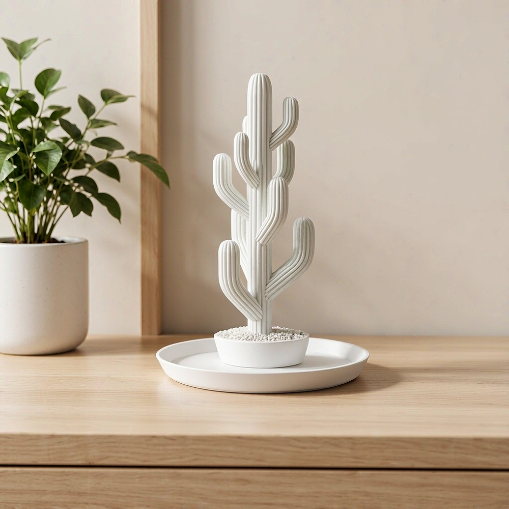 Cactus Shaped Jewelry Holder with Round Tray, Decorative Trinket Organizer for Desk Vanity and Shelf Display — main product view
