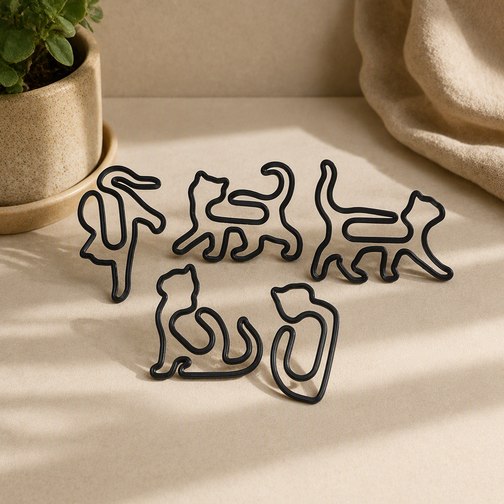 5 Piece Cute Multi-Style Cat Shaped Paper Clips, Desktop Stationery Accessories — product scene