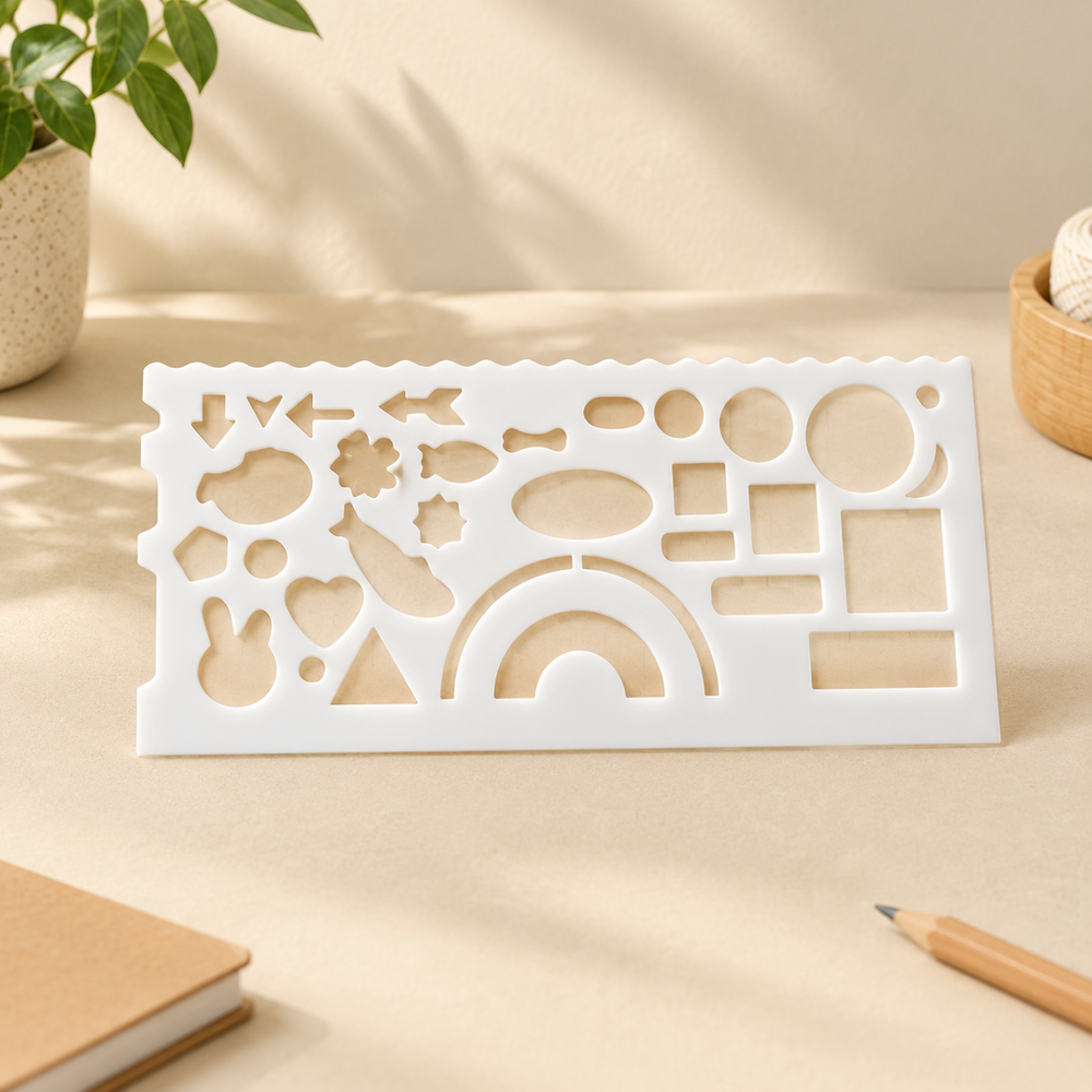 2 Pack Multi-Function Drawing Template Ruler, Multi-Shape Hollow Stencils for Drawing, Art Creation, and Journal Making — product scene