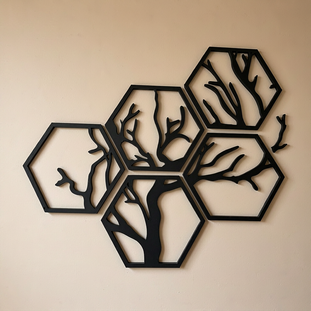Hexagonal Tree Silhouette Wall Art Set, Geometric Hollow Home Wall Decor — product scene