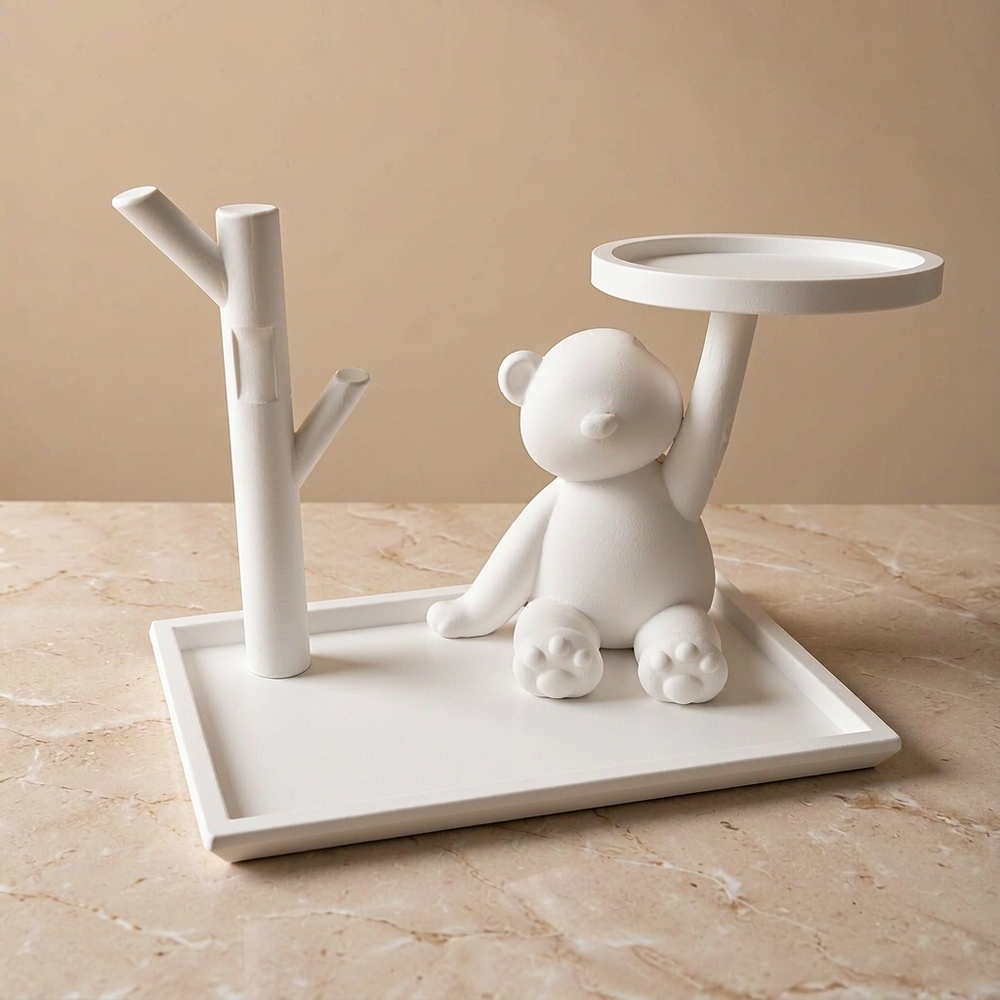 Bear Shaped Decorative Storage Organizer with Base Tray, Tree Branch Hanger and Top Round Tray for Small Items — product scene