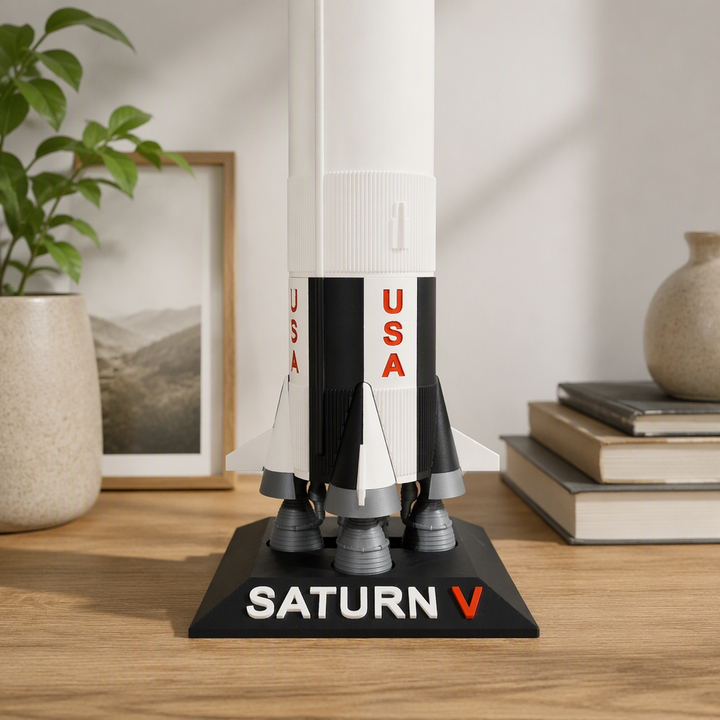 Saturn V Rocket Desktop Display Model with Dedicated Printed Base, Space Themed Collectible Decor — main product view