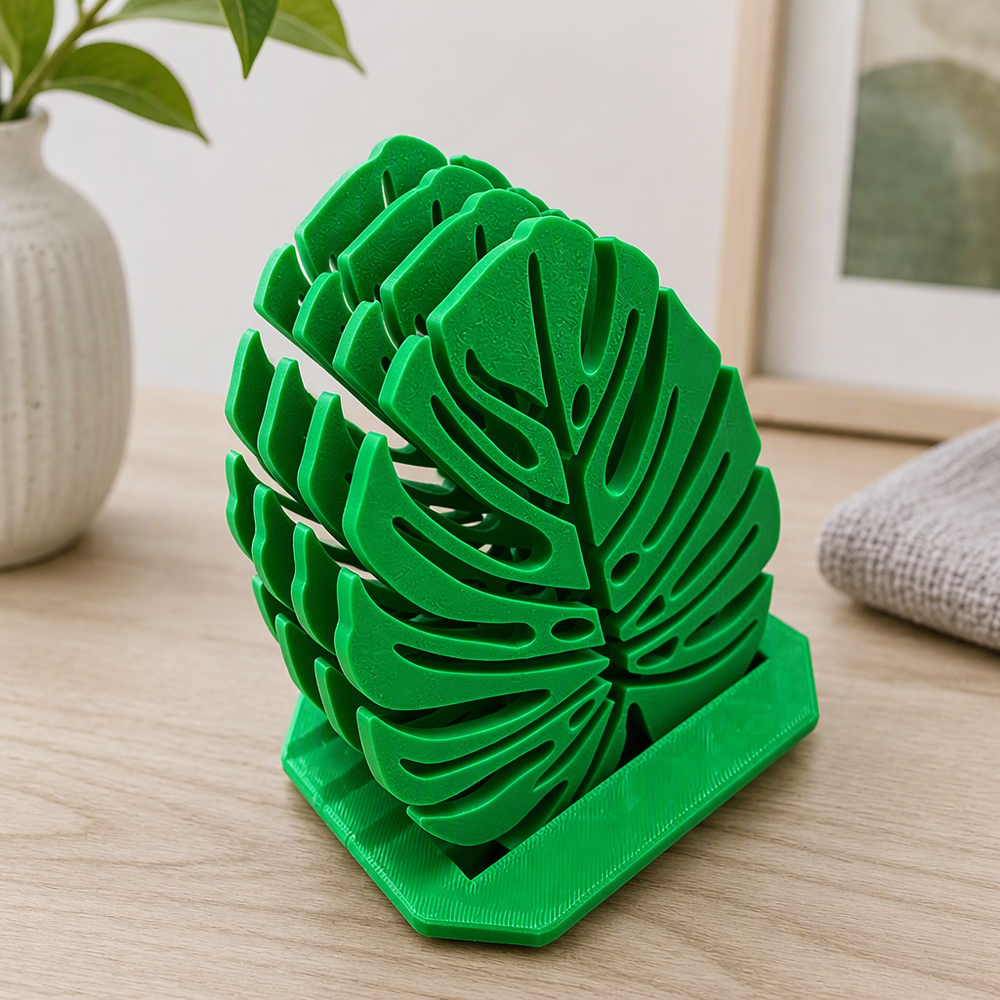 Monstera Leaf Coaster Set with Matching Holder Base, Tabletop Surface Protector for Home and Kitchen Decor — main product view