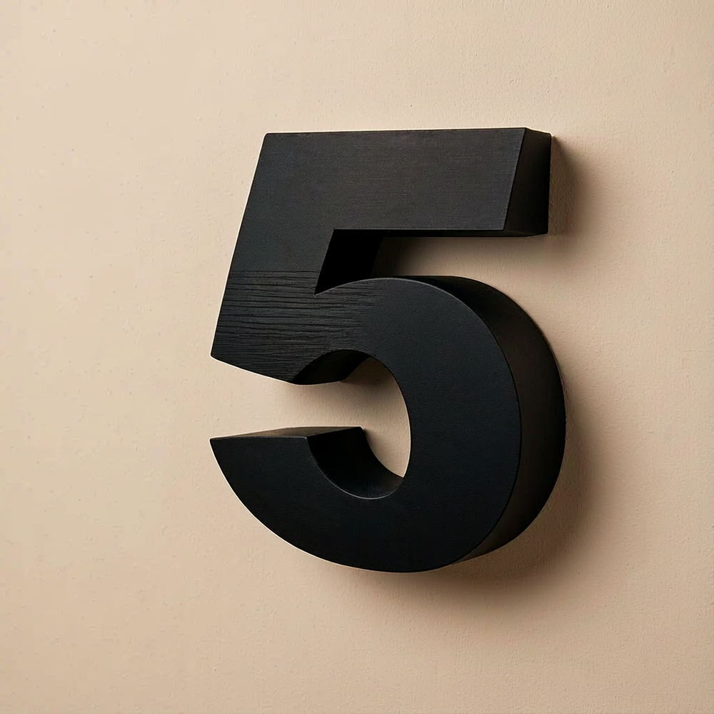 Modern Rounded House Number 5, Minimalist Outdoor Wall Address Decor — product scene