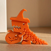 Flexible Posing Halloween Dinosaur Figurine with Witch Hat and Jack-O'-Lantern Desktop Display Decoration — product scene