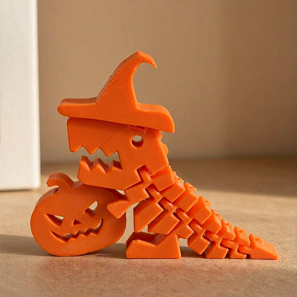 Flexible Posing Halloween Dinosaur Figurine with Witch Hat and Jack-O'-Lantern Desktop Display Decoration — product scene