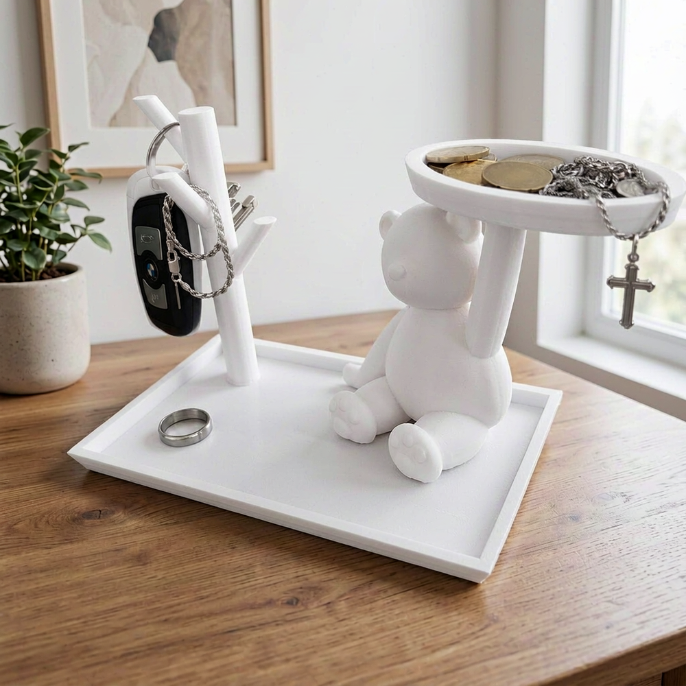 Bear Shaped Decorative Storage Organizer with Base Tray, Tree Branch Hanger and Top Round Tray for Small Items — main product view