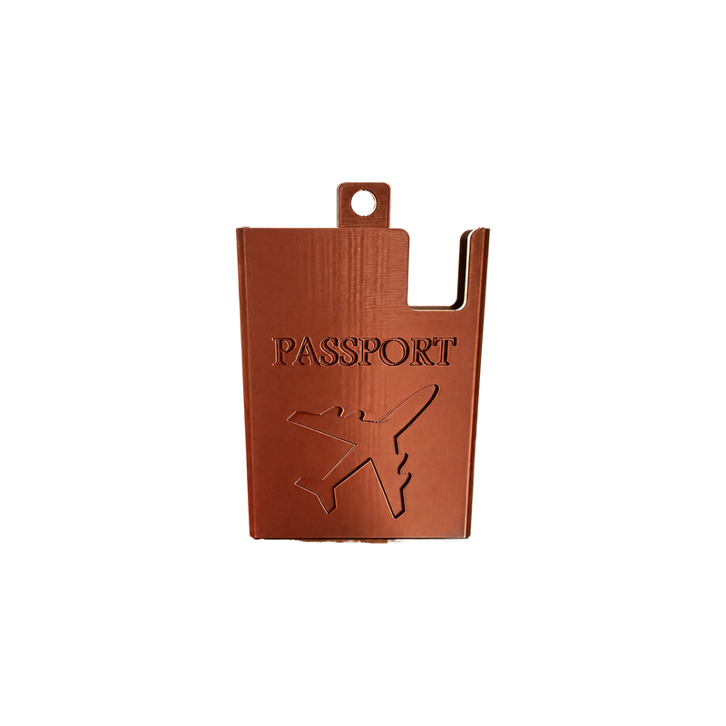 Embossed Passport Holder Travel Accessory with Hanging Tab and Airplane Pattern — white background