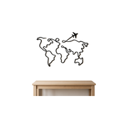 Minimalist Travel Line Art World Map Wall Decor with Airplane Detail — white background
