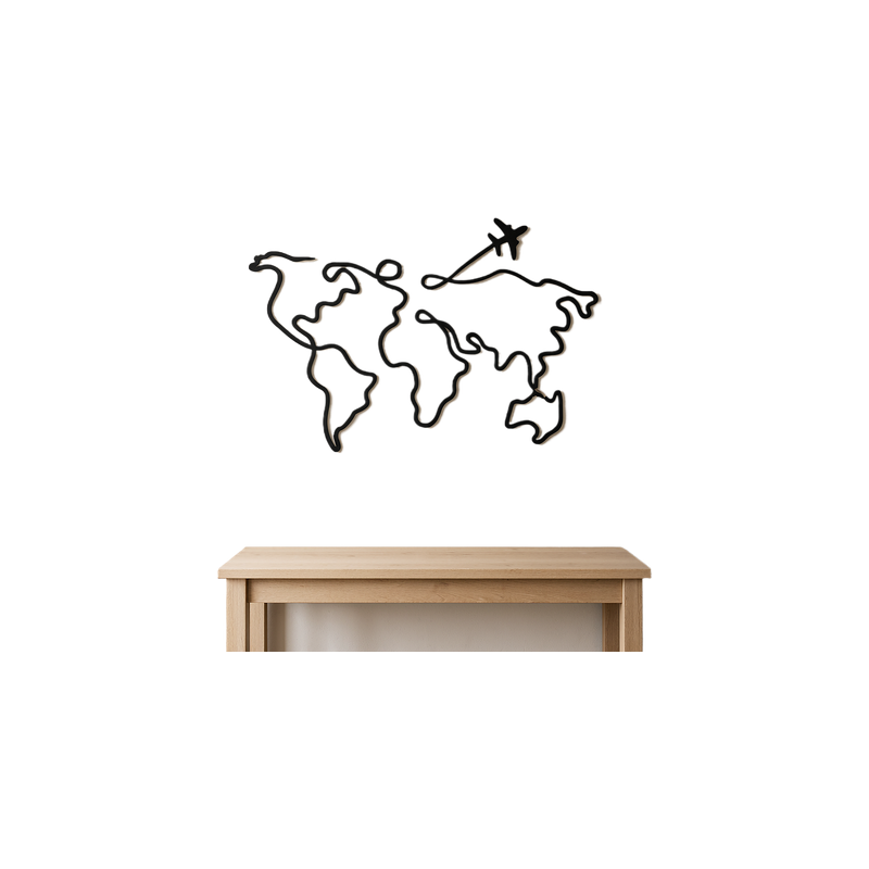 Minimalist Travel Line Art World Map Wall Decor with Airplane Detail — white background