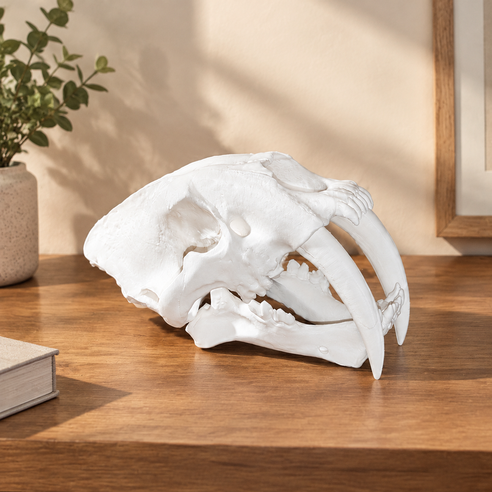 Detailed Saber-Toothed Animal Skull Sculpture, Prehistoric Replica for Home Display Decor — product scene