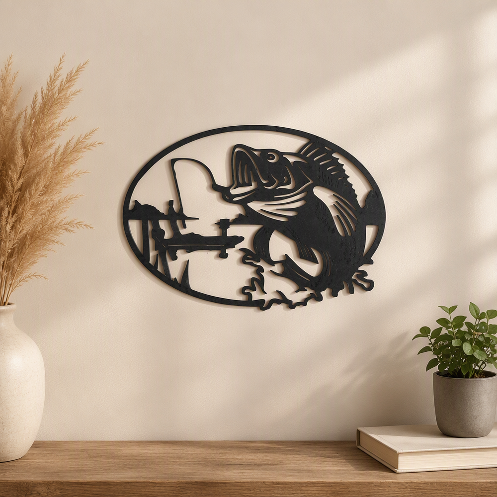 Bass Fishing Themed Oval Cutout Hanging Wall Art Decoration — product scene