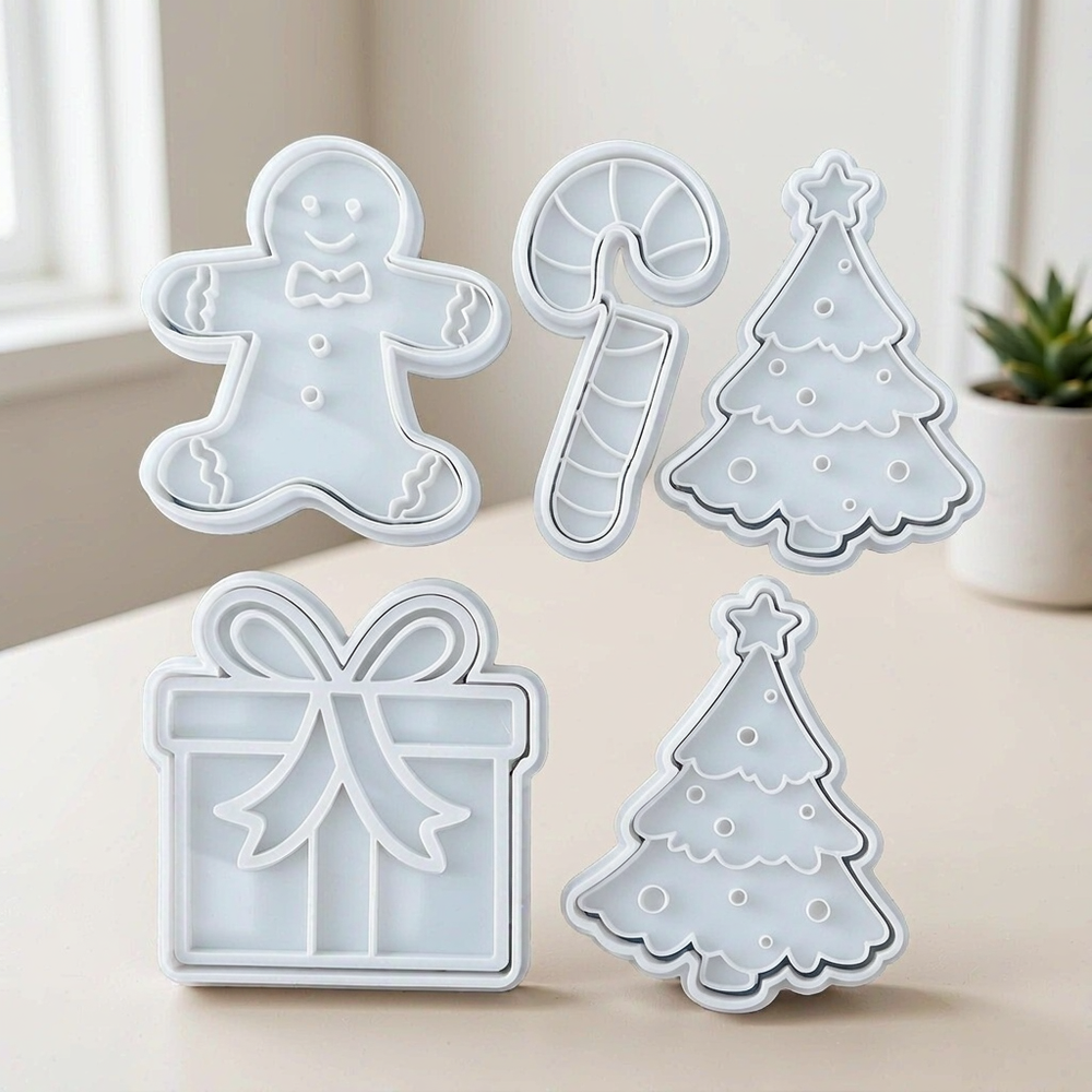 5 Piece Christmas Themed Cookie Cutters and Stamps Set for Festive Holiday Baking Kitchen Supplies — main product view