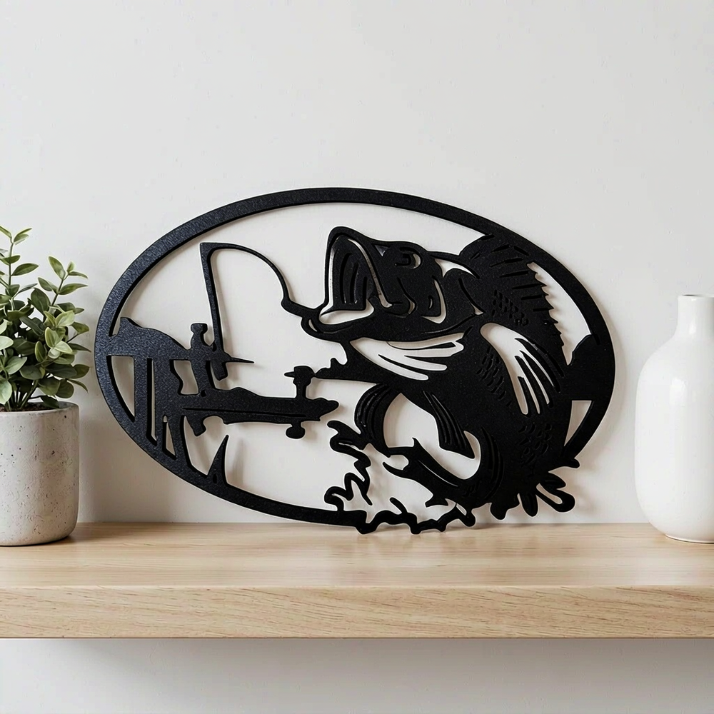 Bass Fishing Themed Oval Cutout Hanging Wall Art Decoration — additional product view