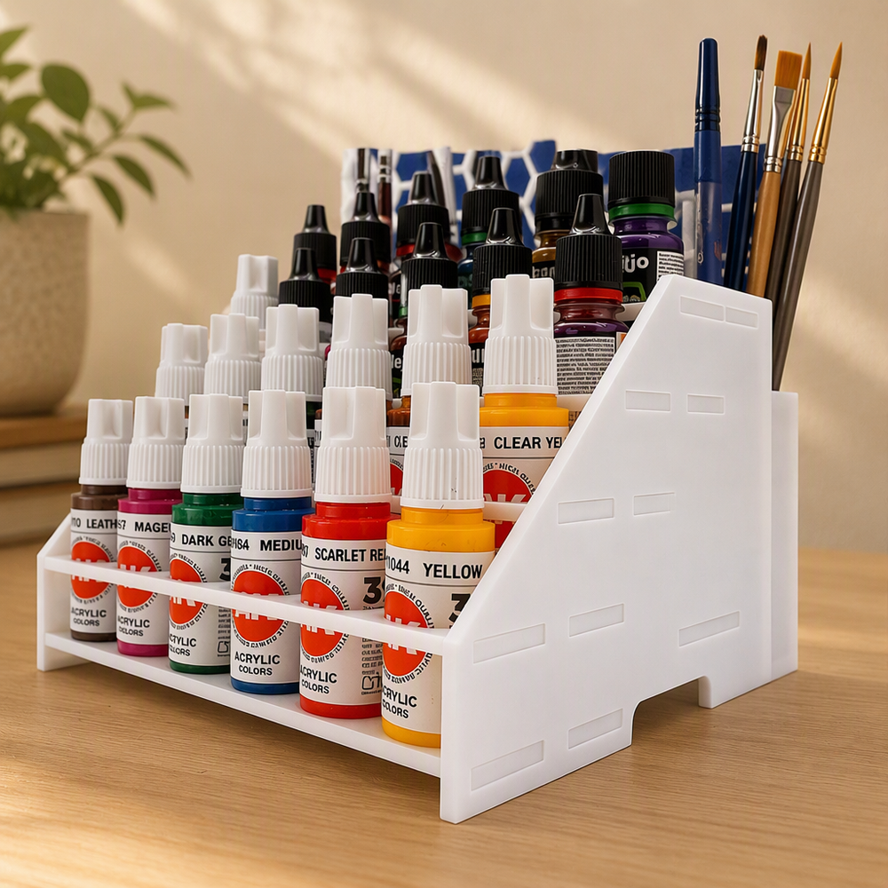 Tiered Craft Paint Storage Rack with Integrated Brush Holder, Desktop Organizer for Paint Bottles and Paintbrushes — product scene
